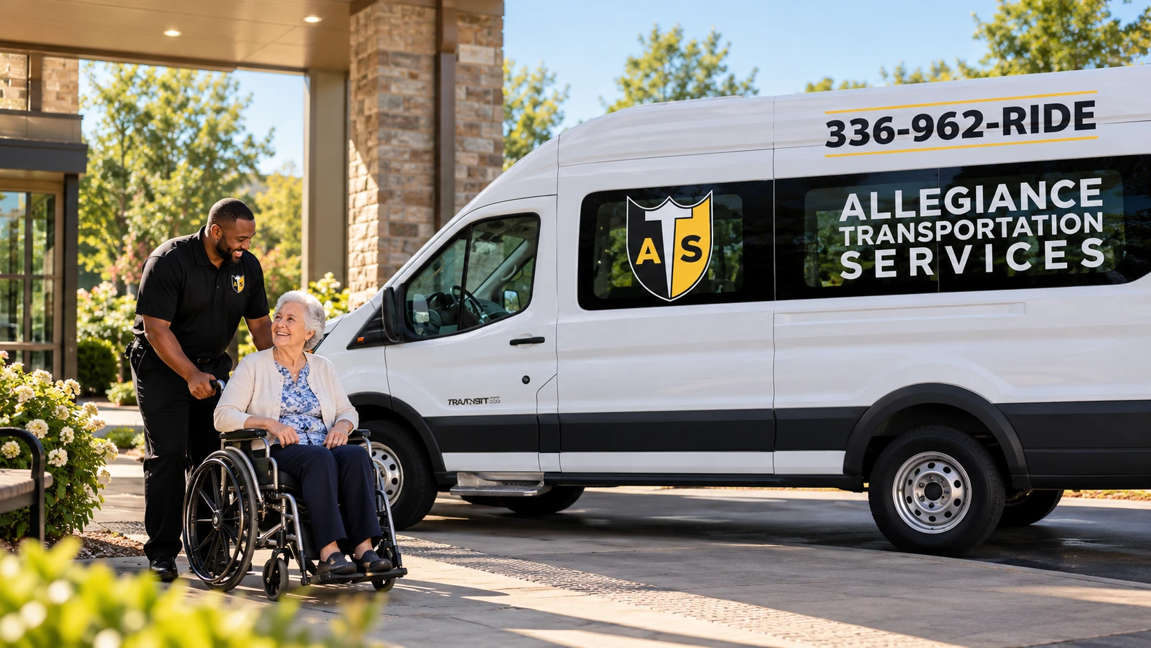 An Allegiance driver assisting a rider in a wheelchair at a facility entrance, with an Allegiance transport van parked alongside